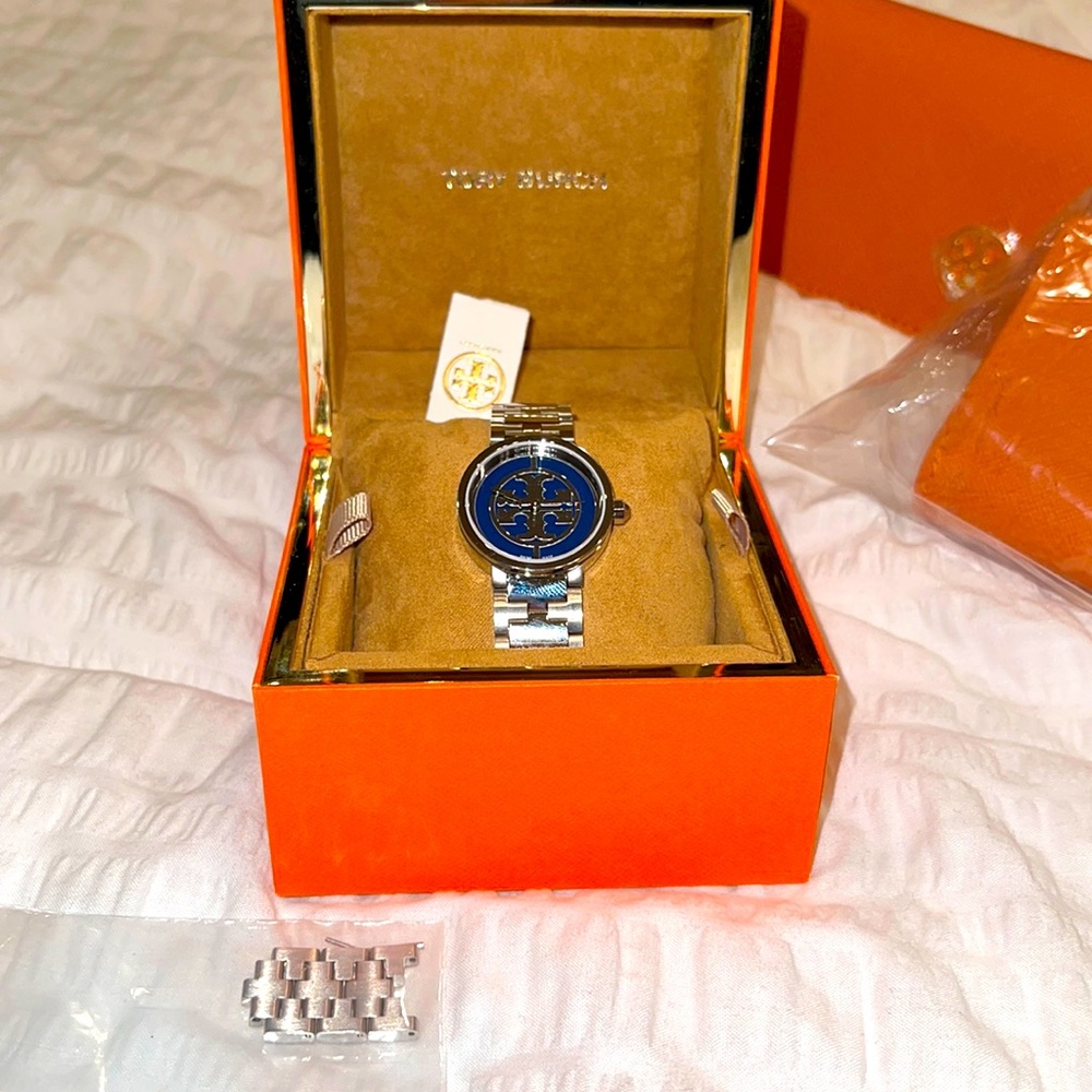 Tory Burch Wrist Watch Silver Tone with Navy Blue